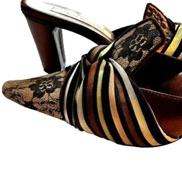 Olivia Rose Tal Marseilles Lace Leather Multi Stripe Twist Mule Heels Pointed To - Picture 8 of 11